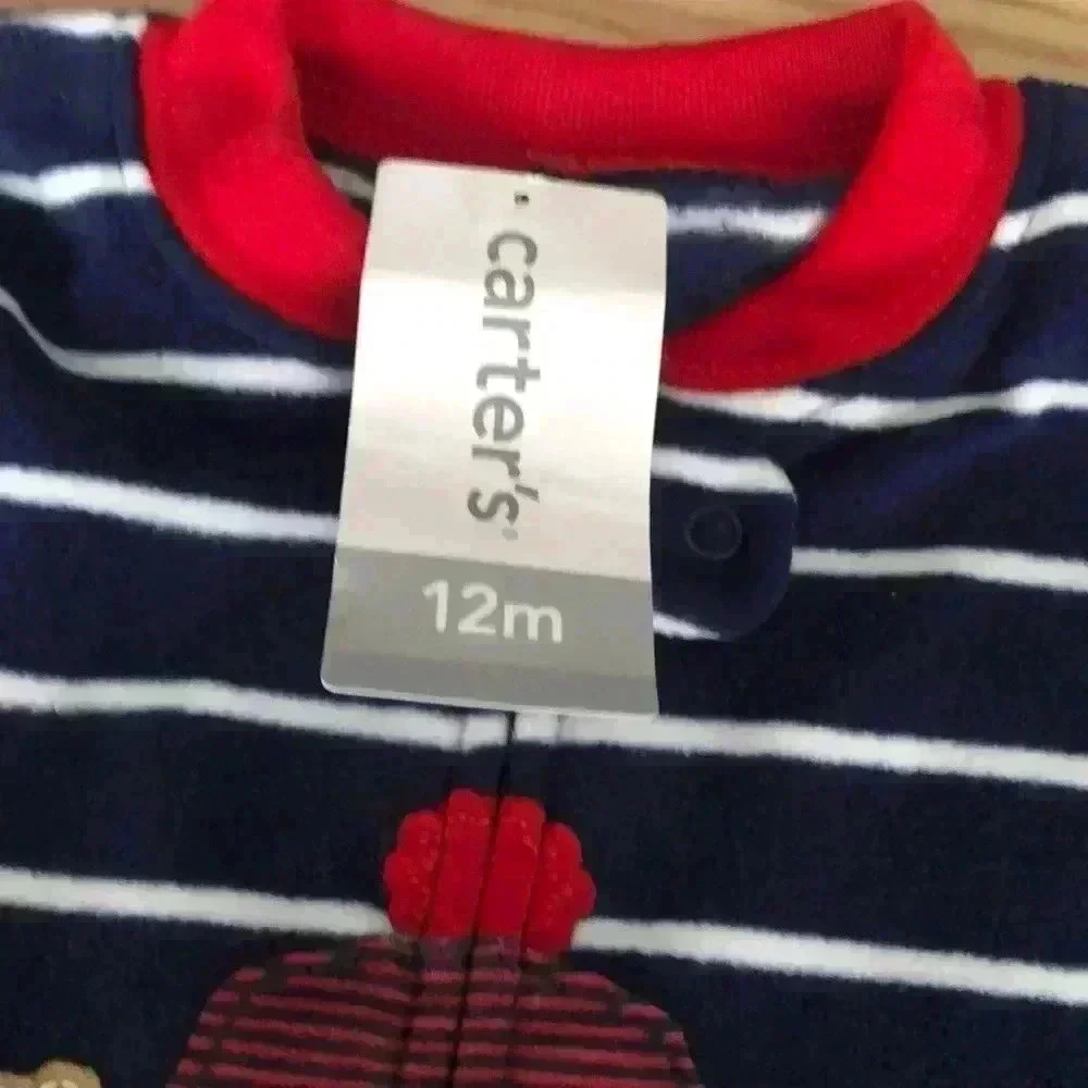 🆕 Carter's Boy's Bulldog Print Footed Fleece Sleepwear Pajamas Navy Stripe🆕